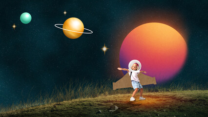 Digital artwork. Girl in improvised astronaut costume posing on grassy planet under glowing sun. Concept of play and exploration, imagination in childhood, science curiosity, and creative dreams.