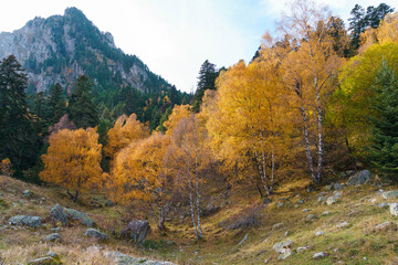 Fototapeta premium Paisajes otoñales del Parque Nacional de Aigüestortes i Estany de Sant Maurici, mostrando las dos montañas de la leyenda de Els Encantats (Encantats o Els Encantats, frente al lago de Sant Maurici).