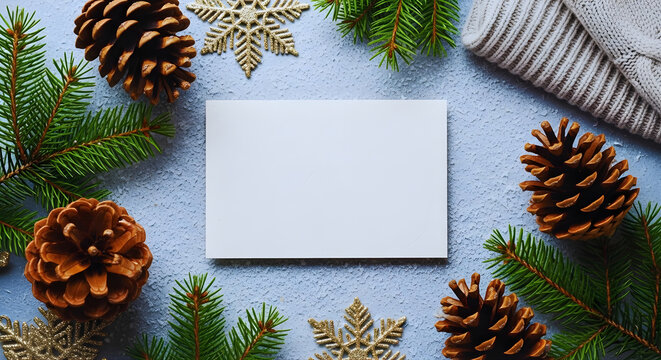 Vertical blank greeting card mockup surrounded by Christmas decorations fir branches and pine cones close up festive winter scene for holiday invitations seasonal greetings and branding design