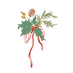 Whimsical Christmas floral card of red bow, berries, holly, pine cone and branch. Hand-drawn vintage poster isolated on white background. Illustration for design, print, fabric or background.