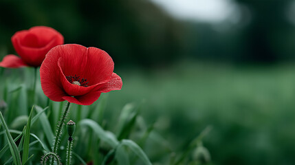 Obraz premium Emotional and symbolic background with red poppy flowers in sunlight field, commemorating Remembrance Day and World War history, reflecting courage, loss, and everlasting memory.