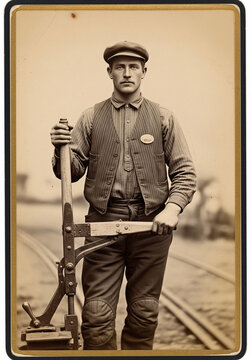 Gritty Sepia Portrait of Railroad Switchman with Lever
A striking vintage, sepia-toned portrait of a dedicated railroad worker, likely a switchman or track worker