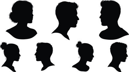 Human profile silhouettes, male and female heads, hairstyle variety, black vector design, identity concept, psychology study, fashion outline, people illustration, diversity