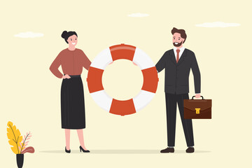 Confident businessman and businesswoman holding lifebuoy. Assistant helping clients solve problems. Lifeguard rescuer. Business people find solution. Technical support service