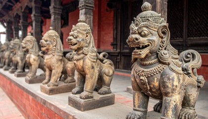 Fototapeta premium Bronze guardian statue in prayer pose with ceremonial object—set before ornate temple architecture glowing in warm sunlight, evoking Himalayan spirituality.