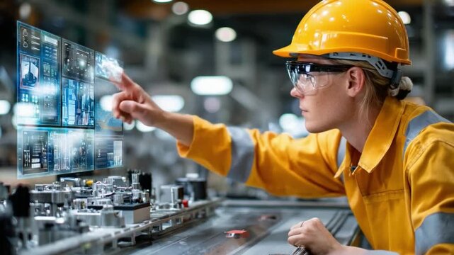 Innovation at Work: A skilled engineer, head adorned in a safety helmet, engages with a holographic interface within an industrial setting.