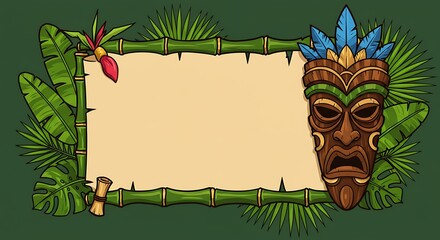 Tiki Mask and Bamboo Frame with Tropical Foliage.