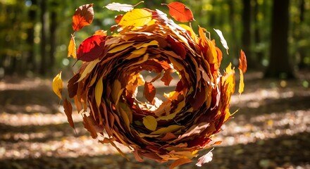 Swirling Vortex of Autumn Leaves in a Sunny Forest.