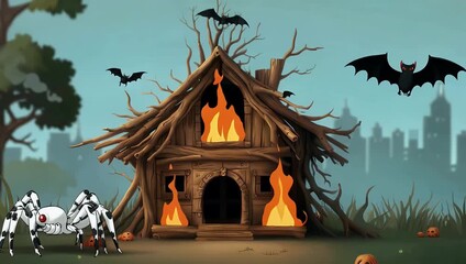fun 4k animated halloween greeting showing words happy halloween 2026 appearing cartoon style flickering flames flying bats spooky trees haunted house creating festive playful mood ideal social media - Powered by Adobe