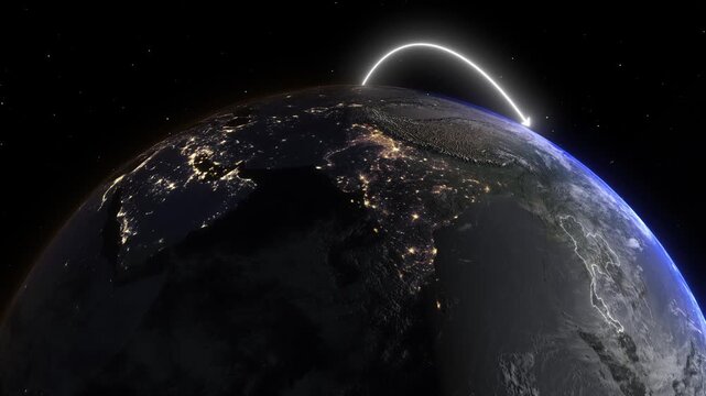 Realistic 3D Earth Night Flight Path Arc from Denver United States to Bangkok Thailand