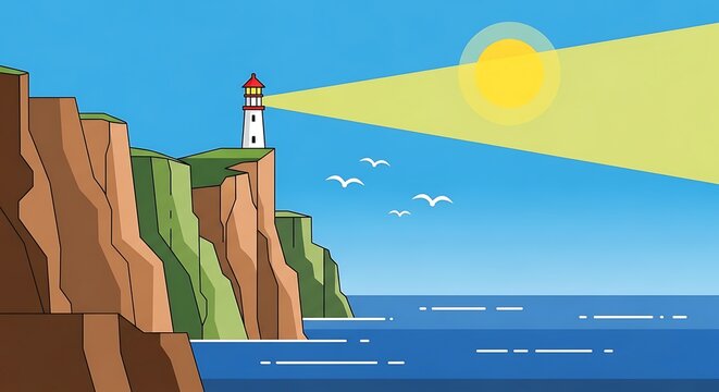 Lighthouse on Cliffside with Ocean and Sunny Sky.