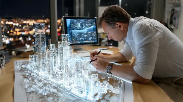 Architect at Work: An architect, immersed in his creative process, meticulously examines a detailed model of a cityscape.
