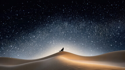 Naklejka premium Lone figure silhouetted against a starry night sky over sand dunes in a serene desert landscape