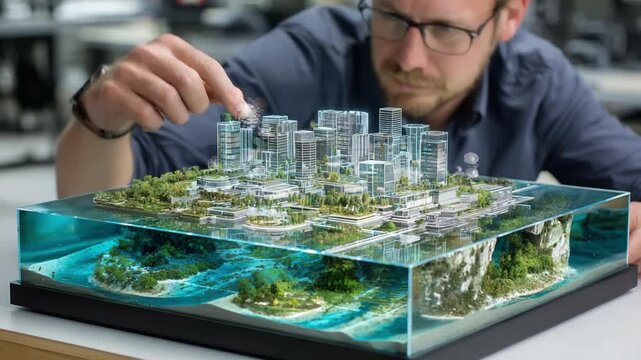 Visionary Cityscape: A focused architect meticulously examines a stunning miniature cityscape model, the transparent layers of the sea creating a dreamlike, inspiring effect.
