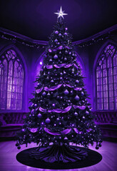 Gothic Christmas tree with black ornaments, purple lights, and velvet ribbons