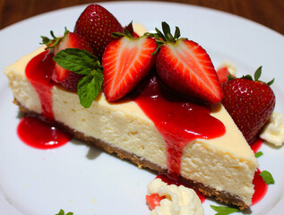 Delicious slice of cheesecake topped with fresh strawberries and strawberry sauce