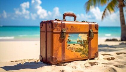 Vintage Brown Suitcase on Sandy Beach with Palm Fronds and Turquoise Ocean Symbolizing Tropical Travel Nostalgic Adventure and Editorial Styling for Vacation and Lifestyle Use