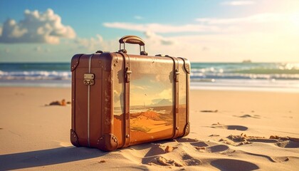 Vintage Brown Suitcase on Sandy Beach with Palm Fronds and Turquoise Ocean Symbolizing Tropical Travel Nostalgic Adventure and Editorial Styling for Vacation and Lifestyle Use