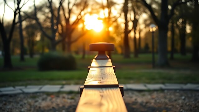 fulcrum. Wooden seesaw in a peaceful park at golden hour, showing perfect equilibrium. event key visuals, club posters, designed for sports event promotions and stadium branding.