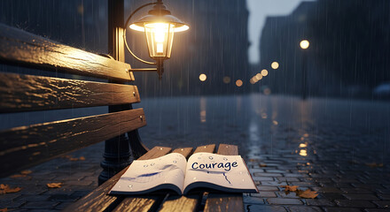 Courage concept open book on a park bench in the rain