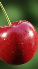 Vibrant Red Cherry with Water Droplets on Green Background.
