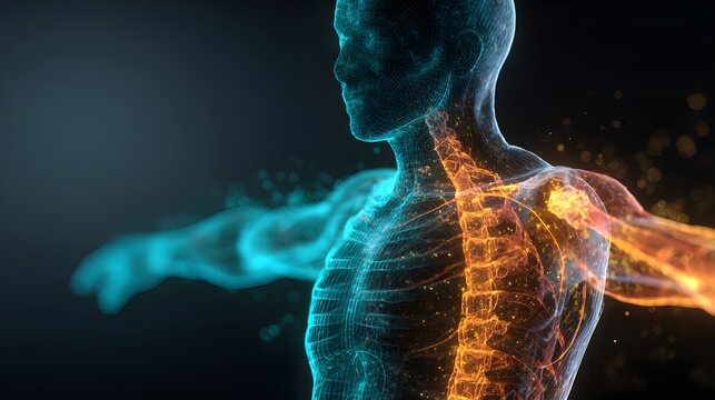 Wireframe human anatomy visualization displays internal structures with contrasting colors against a dark background