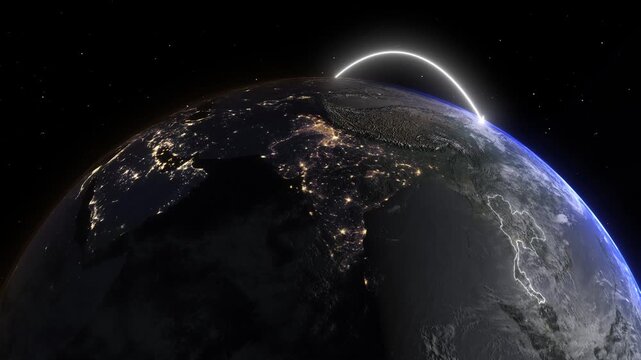 Realistic 3D Earth Night Flight Path Arc from Toronto Canada to Bangkok Thailand
