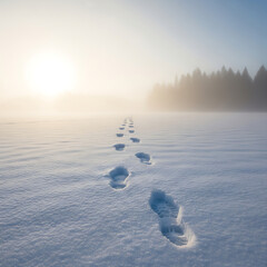 Footprints in the Snow Leading Toward Foggy Forest on a Winter Day