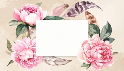 Floral Arrangement with Pink Peonies Feathers Butterflies and Birds on Soft Beige Background Symbolizing Romantic Elegance Artistic Nature and Editorial Styling for Decorative and Lifestyle Use