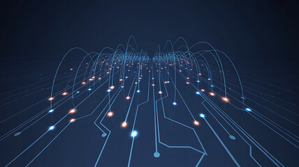 Abstract futuristic digital circuit board with glowing lights and data streams on dark background