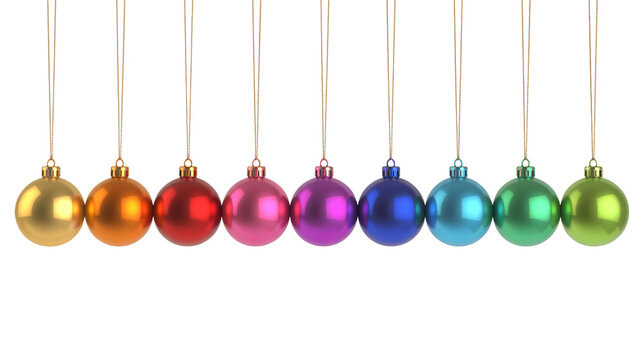 Sparkling festive Christmas ornaments in a vibrant rainbow gradient create a joyful holiday mood for seasonal celebrations and winter decor projects.