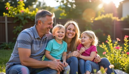 Fototapeta premium Happy Family Spending Quality Time Outdoors in a Garden Natural Light Joyful Atmosphere Family Bonding