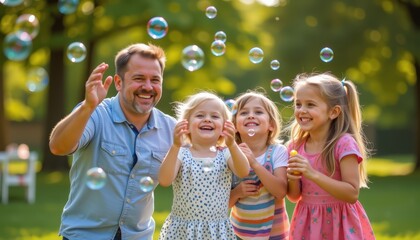 Family Playing Together Outdoors Joyful Moments with Bubbles Green Park Warm Sunlight Inspired Fun