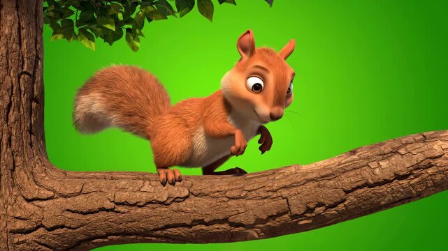 Animated Squirrel Perched on a Branch Against Vibrant Green Backdrop Close Up View with High Details and Warm Lighting for Adobe Stock Photo