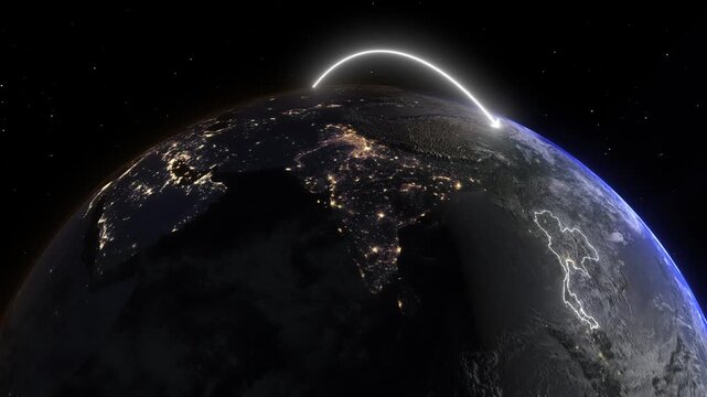 Realistic 3D Earth Night Flight Path Arc from Washington United States to Bangkok Thailand