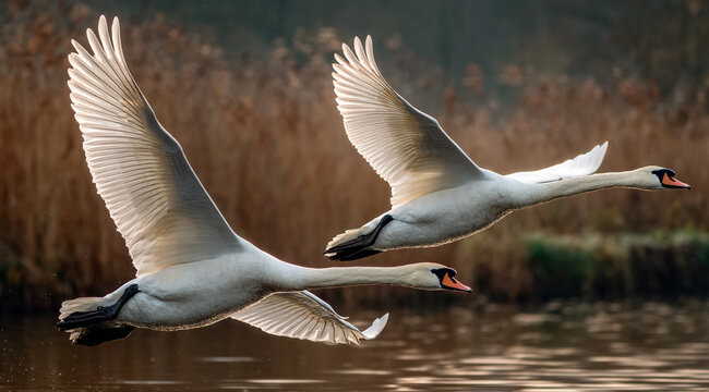 Two white swans fly low over water in a panning shot, sharply focused against a motion-blurred background of warm, autumnal colors, capturing speed and grace.