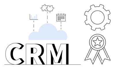 CRM with cloud connection, analytics graph, puzzle integration, calendar management, gear for operations, and badge for quality. Ideal for customer relationships, business tools, workflow cloud use