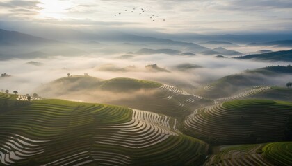 Misty Morning Over Lush Green Terraced Rice Fields in a Hilly Landscape.