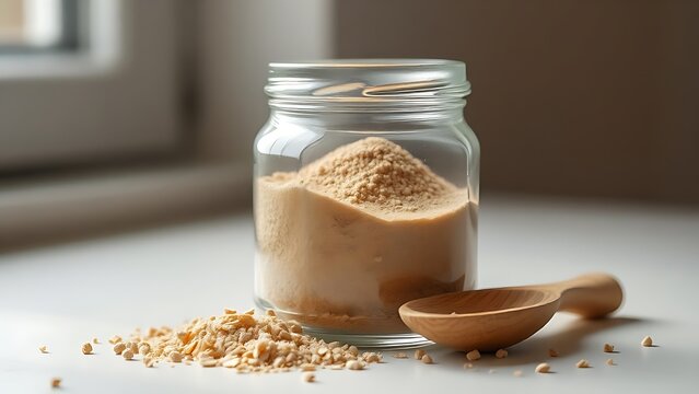 psyllium. Clear glass jar filled with fine brown powder, wooden spoon beside it. menu design, packaging mockups, designed for food delivery and cloud-kitchen brand materials, inspires cooking.