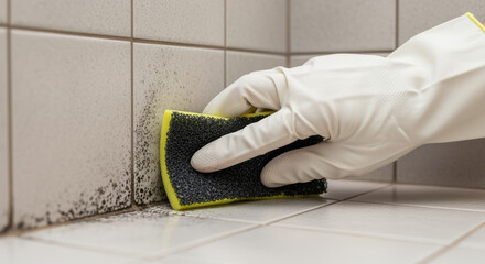 Person wearing protective gloves cleaning bathroom tile grout with sponge to remove black mold and mildew from ceramic surfaces