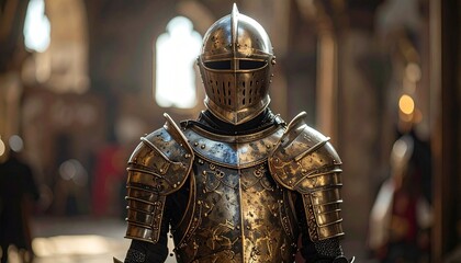 Person Wearing Full Medieval Plate Armor with Visored Helmet and Ornate Chest Emblem in Stone Interior Symbolizing Historical Reenactment Knightly Tradition and Editorial Styling for Fantasy and Herit