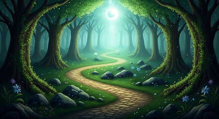 Mystical Forest Path Leading to Light, Enveloped by Trees and Verdant Scenery, Creating a Dreamlike, Serene Escape.