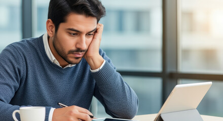 Thoughtful young man working remotely on a tablet, analyzing data and taking notes in a modern office with large windows