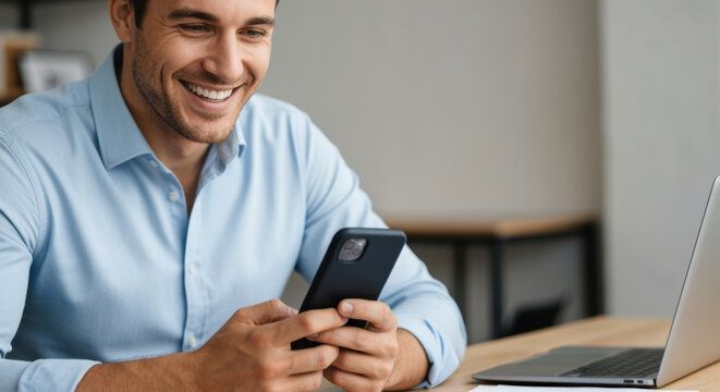Smiling young man wearing blue shirt using smartphone while working remotely at modern desk with open laptop