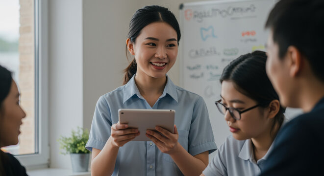 Young professional woman leading discussion with digital tablet in collaborative office environment during team meeting