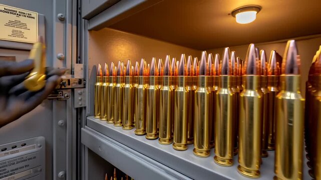 Gloved hand holding large rifle bullet among rows of shiny brass and copper ammunition neatly arranged secure metal shelves