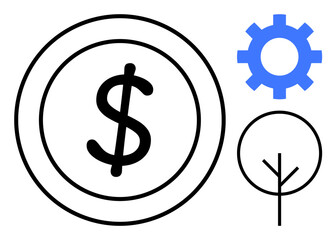 Dollar coin with a gear and a tree symbolizing finance, technology, and sustainability. Ideal for finance, investment, business growth, innovation, eco-friendliness economy planning. Simple flat