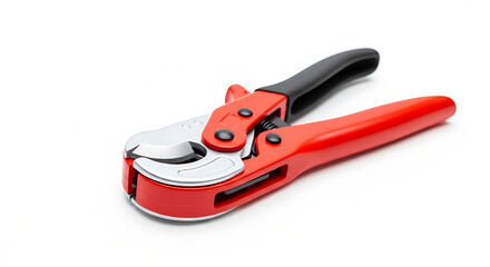 Fototapeta premium Red and black ratchet action PVC pipe cutter tool isolated on a white background for plumbing and construction