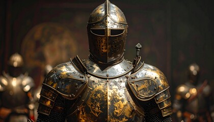 Person Wearing Full Medieval Plate Armor with Visored Helmet and Ornate Chest Emblem in Stone Interior Symbolizing Historical Reenactment Knightly Tradition and Editorial Styling for Fantasy and Herit
