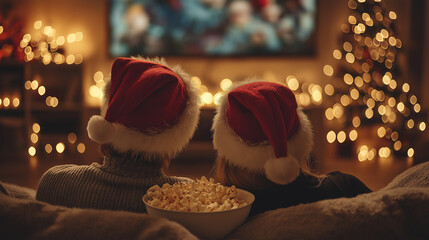 Cozy couple cuddled on couch watching Christmas movie, wearing comfortable Santa hats, popcorn bowl, string lights, TV glow on faces, intimate setting, hygge atmosphere, warm tones